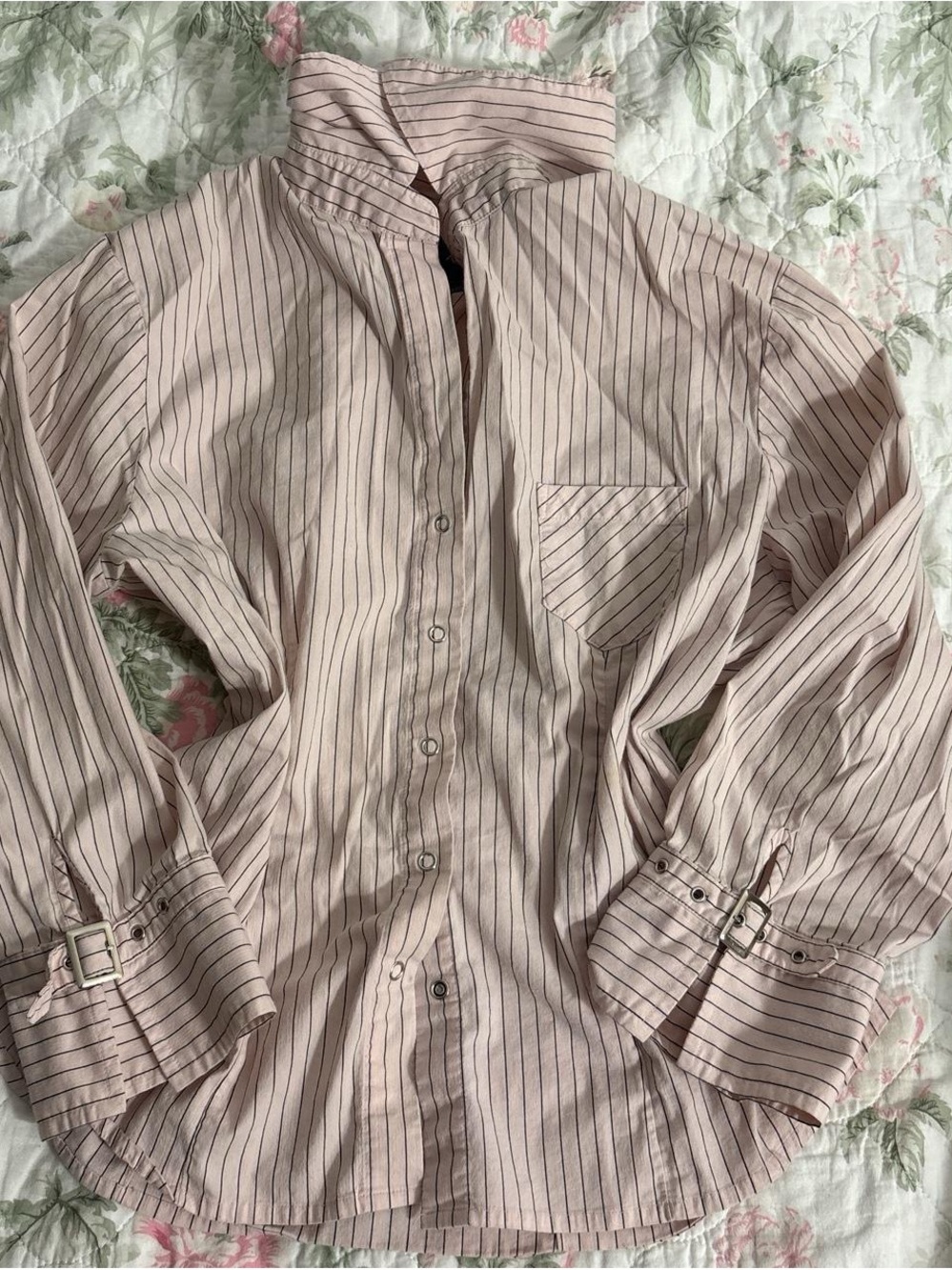 Womens Pink Stripe Button-Up Shirt